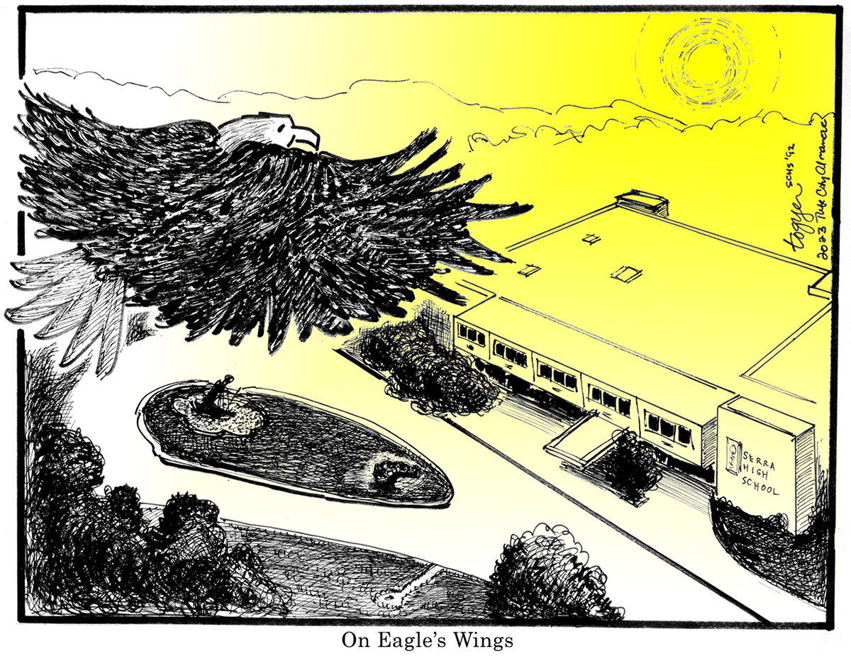 Cartoon shows an eagle flying over Serra Catholic High School